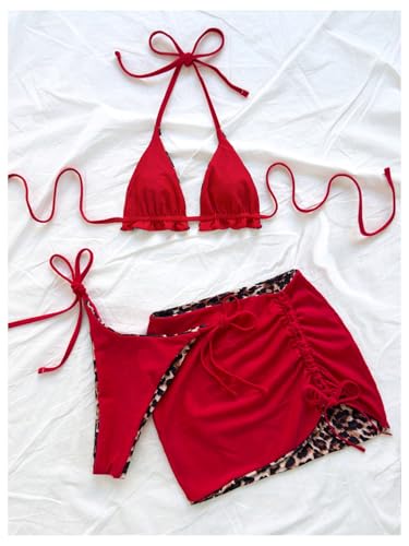 GORGLITTER Women's Cheetah Print Bikini with Beach Cover Up Skirt Leopard Halter Thong Swimwear Bathing Suit2