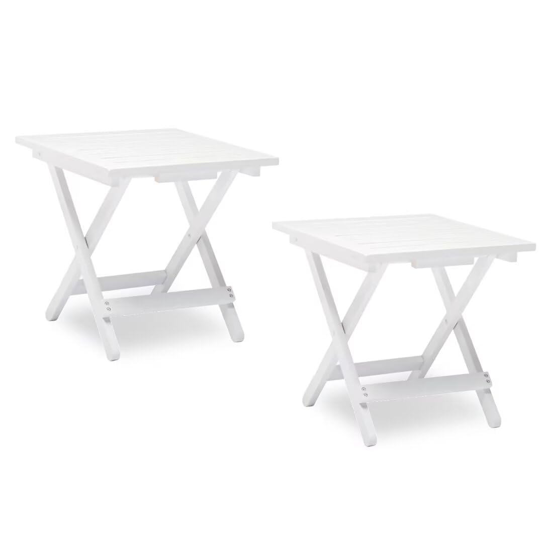 DJLWood Outdoor Small Portable Folding Patio End Side Table for Pool, Camping, Picnic, Garden, Balcony, Beach, Porch, Set of 2, White