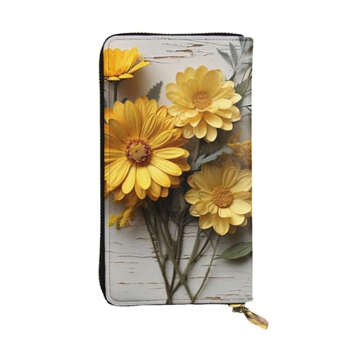 Portefeuille en cuir noir imprimé fleurs jaunes, grand compagnon zippé élégant