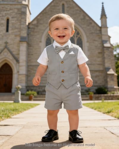 Image of SANGTREE Baby Boy Suit Wedding Ring Bearer Outfits Vest Short Sleeve Bowtie Shirt Suspender Summer Gentleman Shorts Sets