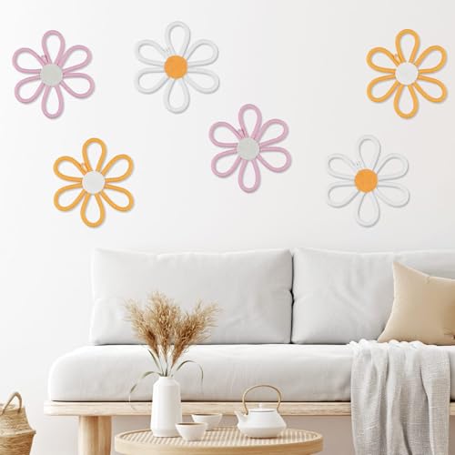 MEINV 6PCS Boho Nursery Daisy Wall Decor, Woven Flowers Wall Hanging Art, Woven Macrame Wall Pediments Boho Daisy Floral Nursery Art Decor for Home Bedroom Decorations