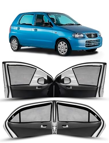 Image of Autofact Magnetic Car Sunshades Compatible with Maruti Alto Old (2000 to 2014) (Set of 4) - Easy Installation, UV Protection (Front 2 Half-Cut for Side Mirror Visibility, Rear 2 with Zippers)