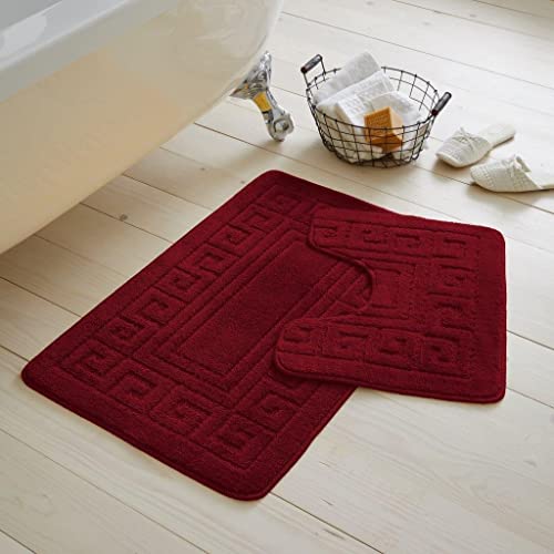 Lot de 2 tapis de bain grecs pour salle de bain - Tapis de bain antidérapant et anti-moisissure - Doux - Extra absorbant l'eau - Tapis de salle de bain ultra pelucheux (bordeaux) Cover