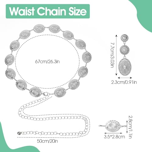 Western Belt & Western Earrings Set Metal Concho Belt Oval Vintage Cowgirl Waist Chain Belts2