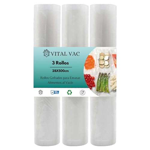 VITAL VAC 3 Rollos de 28cmx500cm de Bolsas Para Envasar al Vacío | Para Envasadora al Vacío Doméstica | Compatible con Silvercrest, Jata, Cecotec…