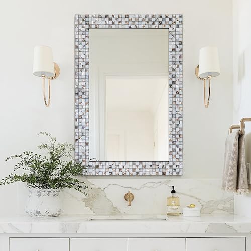 Autdot Coastal Mirror with Capiz Shell Frame, 36''x24'' Large Mosaic Bathroom Mirror, Rectangle Decorative Mirror for Entryway, Dining Room, Living Room