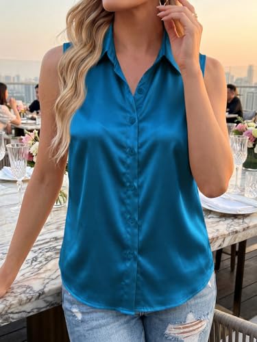 Image of Cicy Bell Womens Summer Satin Tank Tops Silky Casual Dressy V Neck Sleeveless Button Down Shirts Loose Fit Work Blouses