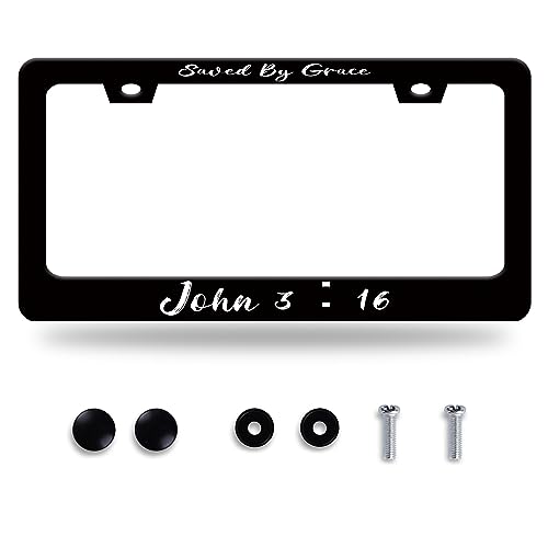 Saved by Grace John 3: 16 License Plate Frame Jesus Christian Stainless Steel Anti-Rust Fittings Decoration USA Canada Universal Car Frame Size 12.3 X 6.3 Inches Suitable for Men Women Gifts