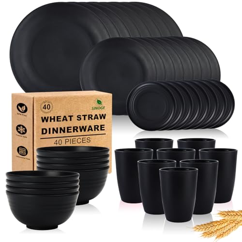Comparison: Best Dinnerware For Rv 10 SINOGE Wheat Straw Dinnerware Sets 40 PCS | Unbreakable Plates and Bowls Set, Reusable Drinking Cup | Service for 8 - Dishwasher and Microwave Safe Dinner Dishes Sets for Kitchen, RV - Black Feast
