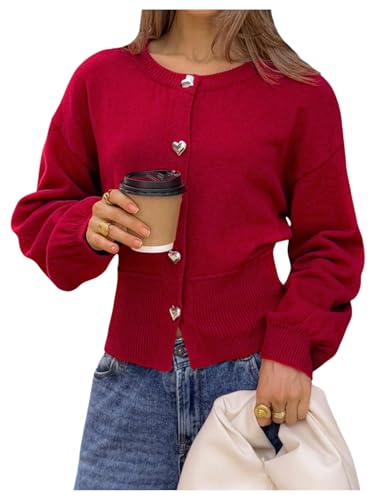 Verdusa Women's Heart Cropped Cardigan Sweaters Cinched Waist Knit Tops Winter Clothing Red Medium
