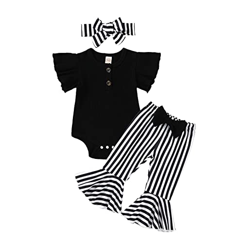 Image of fhutpw Newborn Baby Girl Clothes Infant Rib Frill Long Sleeve Romper Flared Pants Headband Set 3pcs Fall Winter Outfits