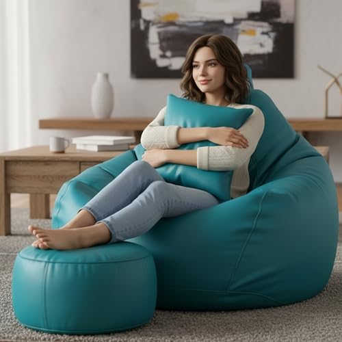 Image of KAM'S LIEU Leatherette Bean Bag Chair with Footrest | Filled with EPS Beans | Comfortable Sofa for Living Room & Bedroom | 4XL Size, Easy to Clean Color- (Aqua)