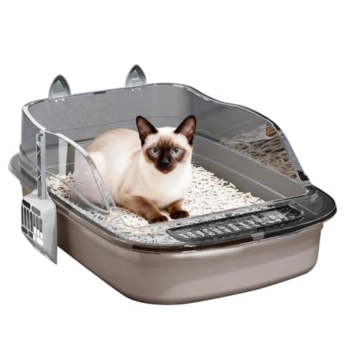 Extra-Large Cat Litter Box High-Side Design Half Enclosed Litter Tray Thickened Cat Toilet for Indoor Big Cats & Kitty Non Stick No Smell Anti-Urine Leakage Easy Cleaning Litter Scoop Included (Gray)