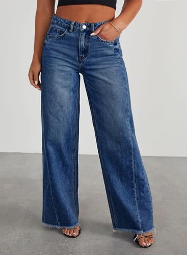 Eytino Women's Plus Size Wide Leg Jeans Elastic High Waist Stretchy Raw Hem Denim Pants with Pockets(1X-5X)3