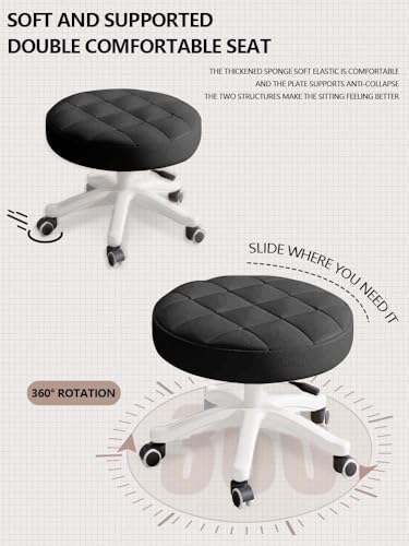 Image of Small Chair Round Rolling Stool with Wheels PU Leather Height Adjustable Swivel Drafting Work SPA Salon Stools Home Office Chair