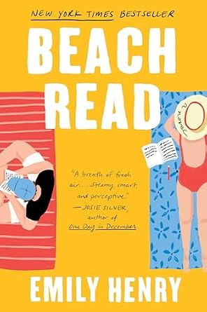 Beach Read by Emily Henry, depicting a woman lying on her stomach on a blue beach towel in a swimsuit and a man in a t-shirt and shorts sitting upright on a red beach towel, above a solid yellow background resembling sand.