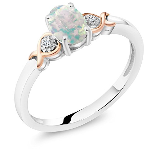 Gem Stone King 925 Sterling Silver and 10K Rose Gold Ring White Opal with Diamond Accent 0.63 cttw (Size 5)