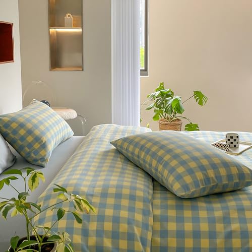 Image of mixinni Plaid Duvet Cover Set King Yellow - Soft Washed Cotton Modern Geometric Bedding Set with 2 Pillowcases, Blue Green Gingham Grid King Duvet Cover for Men & Women, Soft & Lightweight