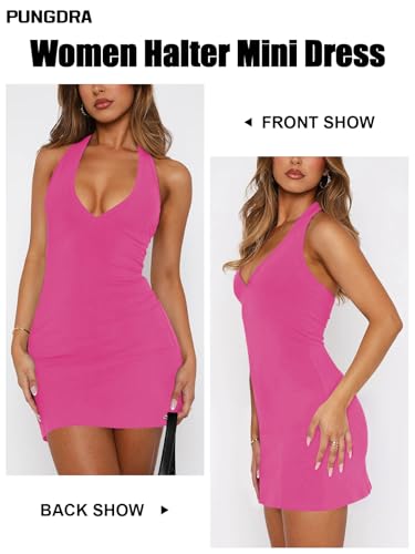 Image of Women's Sexy Halter V Neck Mini Dress for Women Summer Slim Fit Going Out Club Party Bodycon Short Dresses