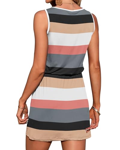 Image of AUSELILY Womens Summer Sleeveless V-Neck Drawstring Waist Beach Cover up Mini Short Swing Dresses with Pockets