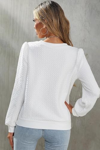 Women's White Textured Puff Long Sleeve Round Neck Top3