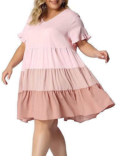 Image of Agnes Orinda Women's Plus Size Babydoll Ruffle Short Sleeve Casual Loose Flowy Swing Hem Chambray V Neck Mini Dress