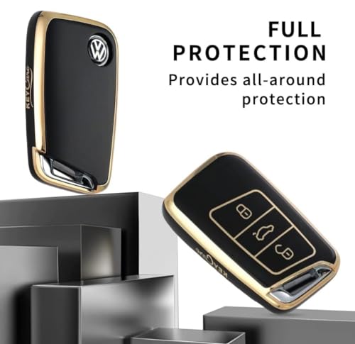 Image of TPU Car Key Cover Black & Golden Compatible for Skoda Kodiaq, Superb, Octavia, Karoq (Skoda, 3 Button Push Smart Key)