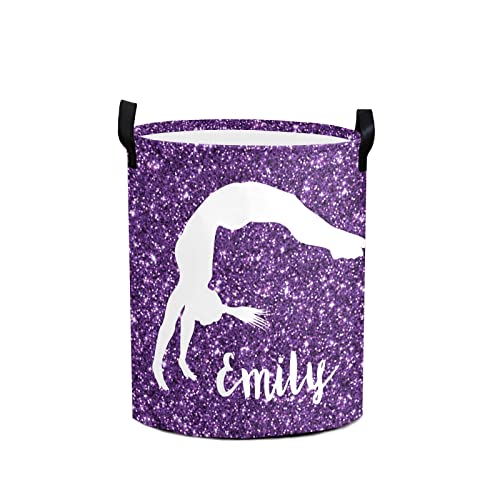 Grandkli Girl Gymnastic Purple Personalized Freestanding Laundry Hamper, Custom Waterproof Collapsible Drawstring Basket Storage Bins with Handle for Clothes, Toy, 50cm x 36cm