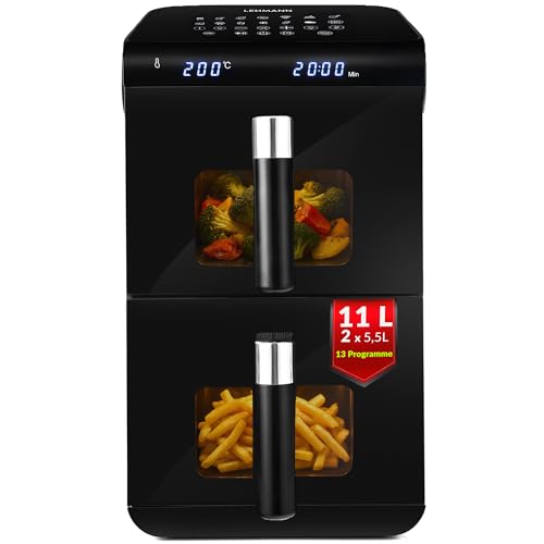 LEHMANN XXL Heißluftfritteuse 2 Kammern 11L, Airfryer Doppelkammer mit 2 vertikale Schubladen, 13 Programme, 50–200°C, Touchdisplay, Antihaftbeschichtung, ölfrei Air Fryer für große Familie
