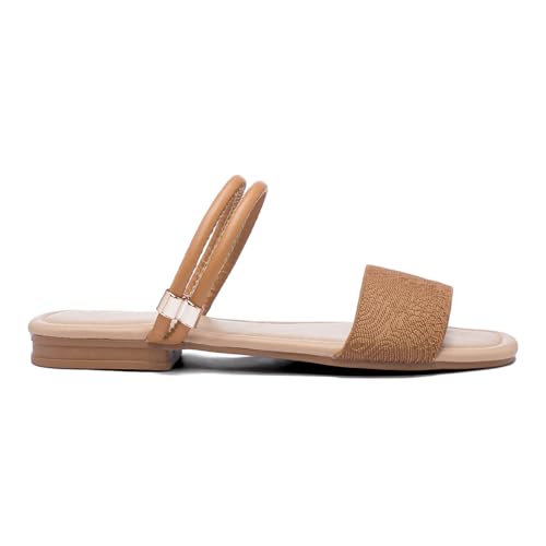 Sandália Feminina Flat com Tiras, Tecido Texturizado, Caramelo (Marrom, BR, Adulto, Numérico, 35)