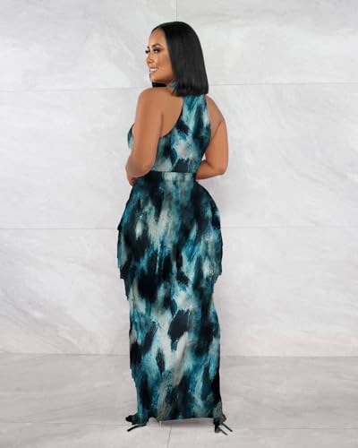 Image of 2 Piece Outfits for Women Sexy Halter Neck Sleeveless Crop Tops Ruched Bodycon Dresses Jumpsuits Fringe Skirt Sets