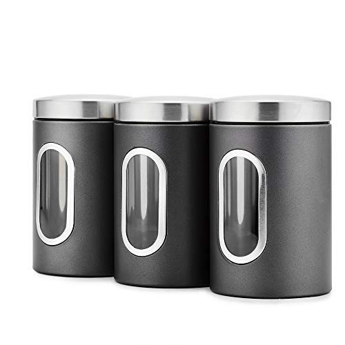 Blusea 3 Stück Vorratsdose Lebensmittel Aufbewahrungsbehälter Edelstahl Vorratsbehälter mit Deckel und Transparentem Sichtfenster für Tee, Getreide, Trockenfrüchten, Tiernahrung 1.5L (Grau)