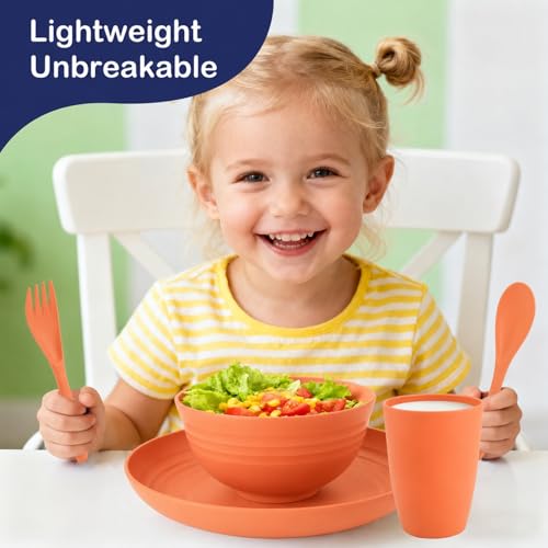 Image of Kids Wheat Straw Dinnerware Sets for 4, 20 Piece Unbreakable Dinnerware Set, Plates and Bowls Sets, Kitchen Plates and Bowls Set, Lightweight Dish Set for Picnic, Camping, and Daily - Orange