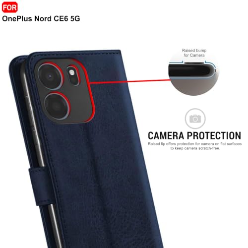 Image of TheGiftKart Genuine Leather Finish Flip Back Cover Case for OnePlus Nord CE 6 5G | Inbuilt Pockets & Stand | Wallet Style | Designer Button | Flip Back Cover for OnePlus Nord CE6 (Faux Leather, Blue)