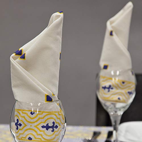 French Country Geometric Floral Print Napkin Square Cotton Table Linen Beach Sheet Beach Throw (Yellow Blue, Napkin 18 x 18 inches)