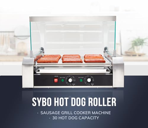 Image of SYBO Hot Dog Roller, 30 Hot Dogs 11 Rollers Grill Cooker Machine with Removable Stainless Steel Drip Tray and Glass Hood Cover, 1430-Watts, Perfect for Commercial And Party