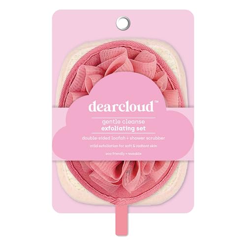 dearcloud Gentle Cleanse Exfoliating Set – Double-Sided Loofah & Shower Scrubber – Reusable Exfoliating Body Scrubber & Body Scrubber Exfoliator (Pink)