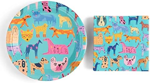 Fabuplates Premium Heavyweight Decorative Paper Plate and Napkin Set - Colorful Dog and Puppy Theme, Party Supplies for Birthday Cake, Holidays, Special Events - 48 Piece Durable Bulk Set Serves 24
