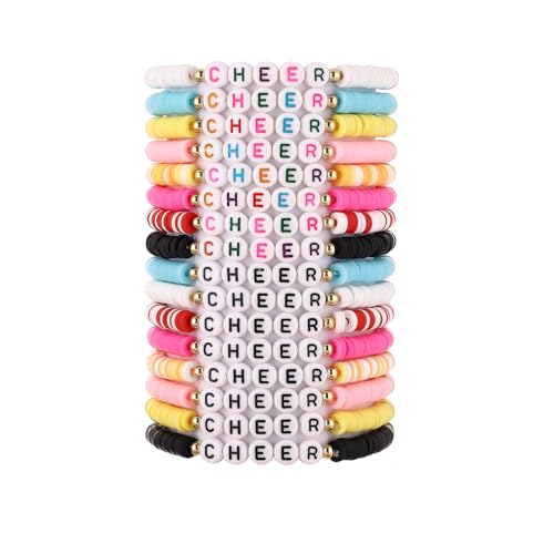 Cooluckday 16Pcs Cheer Gifts Bulk for Team Cheer Bracelets Stackable Clay Y2k Friendship Bracelets