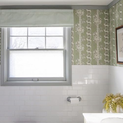 Image of TWOPAGES No Drill Cordless Farmhouse Ticking Stripe Roman Shades Roman Blinds for Windows, Custom Made Light Filtering Blackout Blinds Shades for French Door, Light Green Pinstripe, 1 Piece
