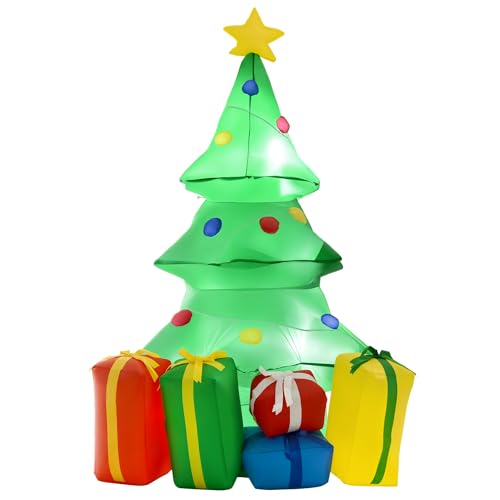 HOMCOM Aufblasbare Weihnachtsdekoration mit LED-Licht, Geschenken, 150 cm Selbstaufblasender Weihnachtsbaum Wasserdicht für Weihnachtsfeiern, Indoor, Outdoor