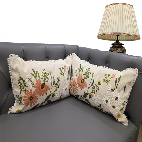 Image of Cream Multi Thread Embroidered Cushion Cover for Sofa Home Bedroom (12x18 inch or 30 x 45 cm) Set of 2
