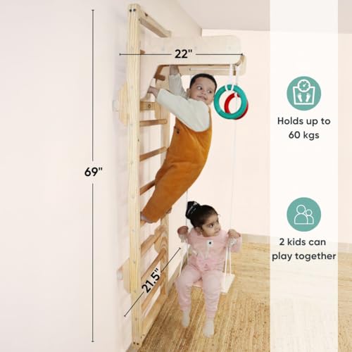 Image of Curious Cub Jungle Gym for Kids Indoor |Playset with Wooden Ladder, Gym Rings, Monkey Bars & Swing |Develops Motor Skills| Jungle Gym Set | Jungle Gym for Kids & Babies 1.5-7 Years, 10 cm