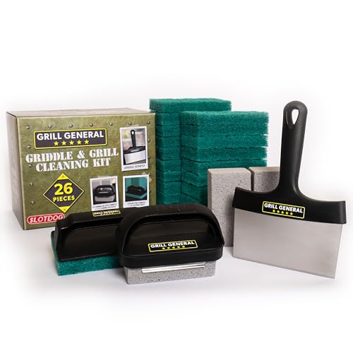 Grill General - Kit de limpieza de parrilla y parrilla de 26 piezas para Blackstone, Weber, Traeger, parrillas, barbacoas, raspador de acero inoxidable, 20 almohadillas de estropajo, 3 bloques de