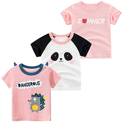 JUNOAI Toddler Little Girls Clothes 3-Pack Short Sleeve Crewneck T-Shirts Top Tee Size for 2-6 Years (Panda Hedgehog Watermelon, 4T)