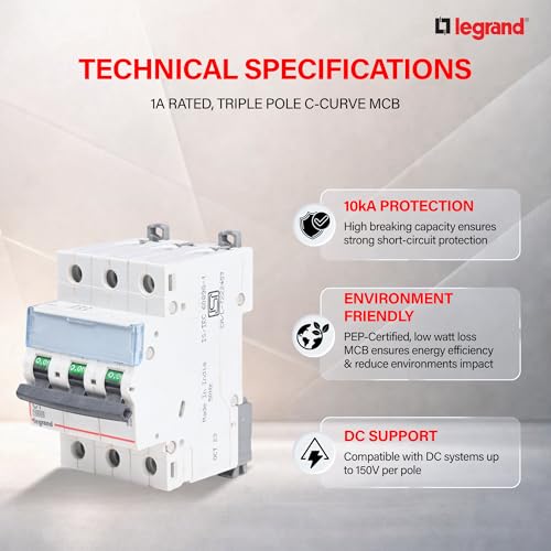 Image of Legrand DX 50A Triple Pole MCB C Curve 10kA | 3-Phase Miniature Circuit Breaker | ISI Marked IS /IEC 60898-1 | Overload & Short Circuit Protection for Industrial & Commercial Use