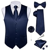 DiBanGu Formal Suit Vest Tie Set for Men Classic Solid Notch Lapel Dress Waistcoat Satin Vest Bowtie for Wedding Party, Navy Blue, X-Large