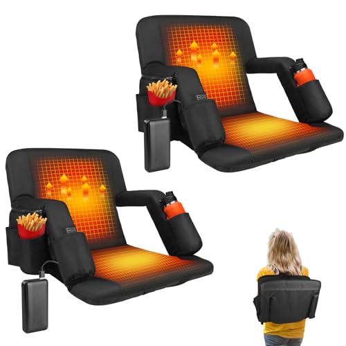 Moteoza Heated Stadium Seats for Bleachers with Back Support with 5V 20000mAh Battery and Wide 25" Dual-Sided Heated Bleacher Seat 6 Reclinng Positions Heat Heated Stadium Chair USB 3 Levels of 2PCS