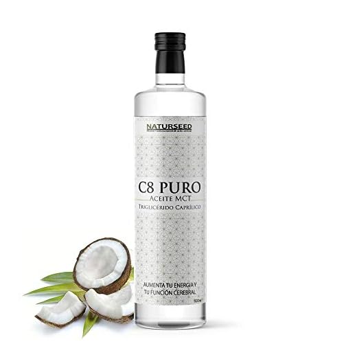 NATURSEED C8 MCT aceite puro - Botella de cristal - 100% C8 - Extraído Sólo de Nuestro Aceite de Coco Ecologico - No aceite de Palma - No C10 ni C12 - Dieta Keto, Paleo y Vegana - Ebook (500ML)