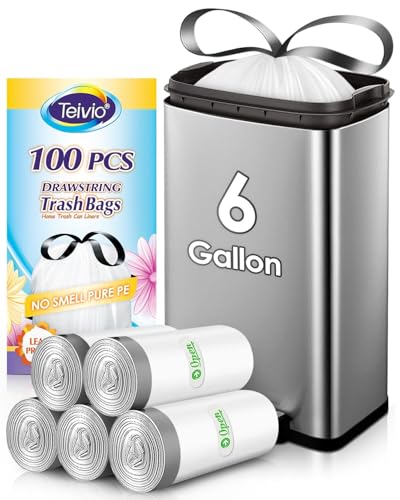 6 Gallon 100pcs Strong Drawstring Trash Bags Garbage Bags by Teivio, Bathroom Trash Can Bin Liners, Plastic Bags for home office kitchen, White
